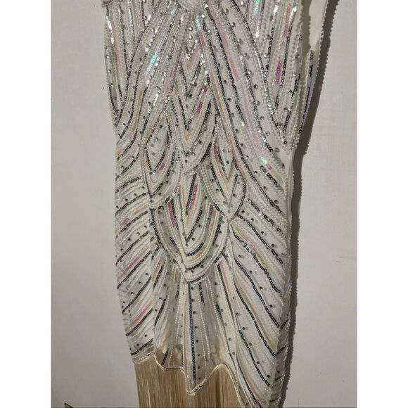 Pretty Guide Women's Size Small Beige Crystal Embellished Party Dress Fringe - Picture 3 of 8